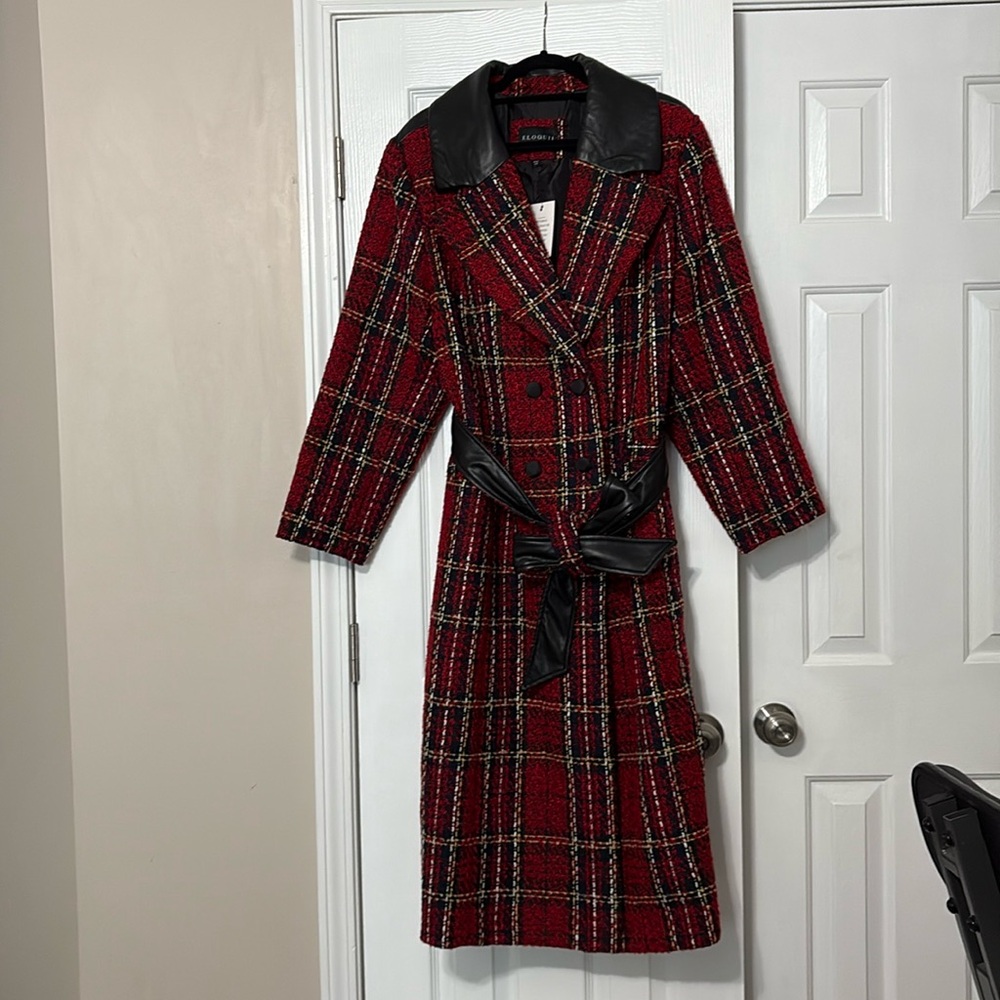 NWT - ELOQUII - Tweed Red Plaid with Black Pleather - Trench Coat